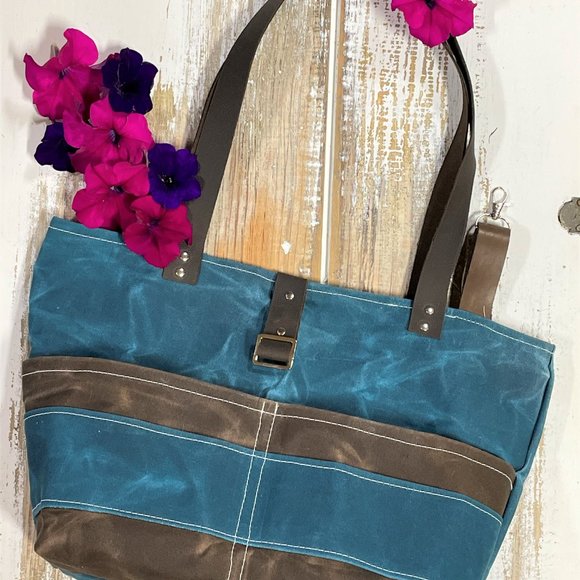 Hand Waxed Canvas Teal and Brown Leather Handled Womens Shoulder Bag - Picture 1 of 7